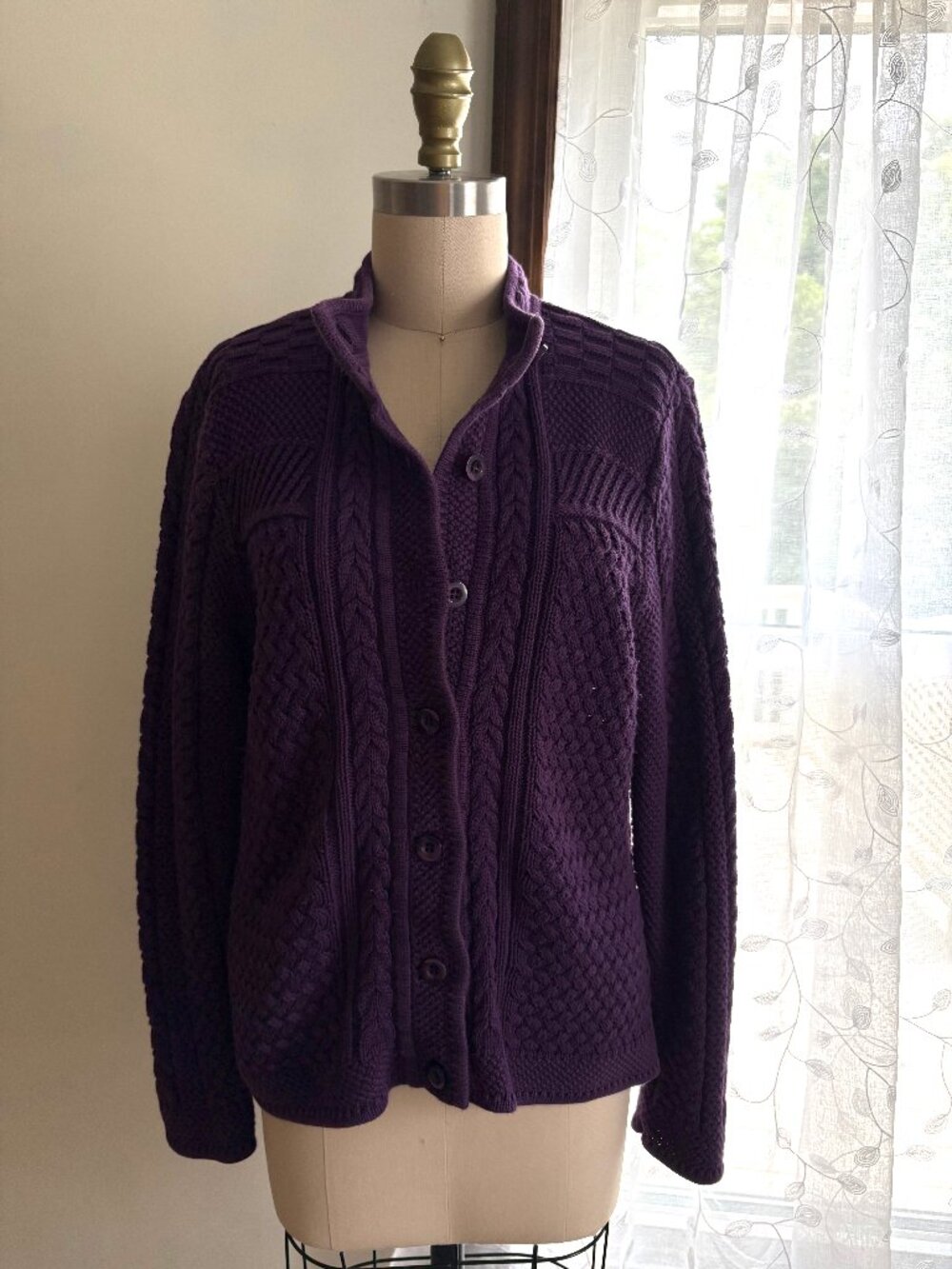 LL Bean Purple Chunky Knit Cardigan Sweater Medium Fisherman Cottagecore Thick